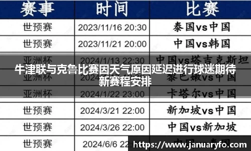牛津联与克鲁比赛因天气原因延迟进行球迷期待新赛程安排